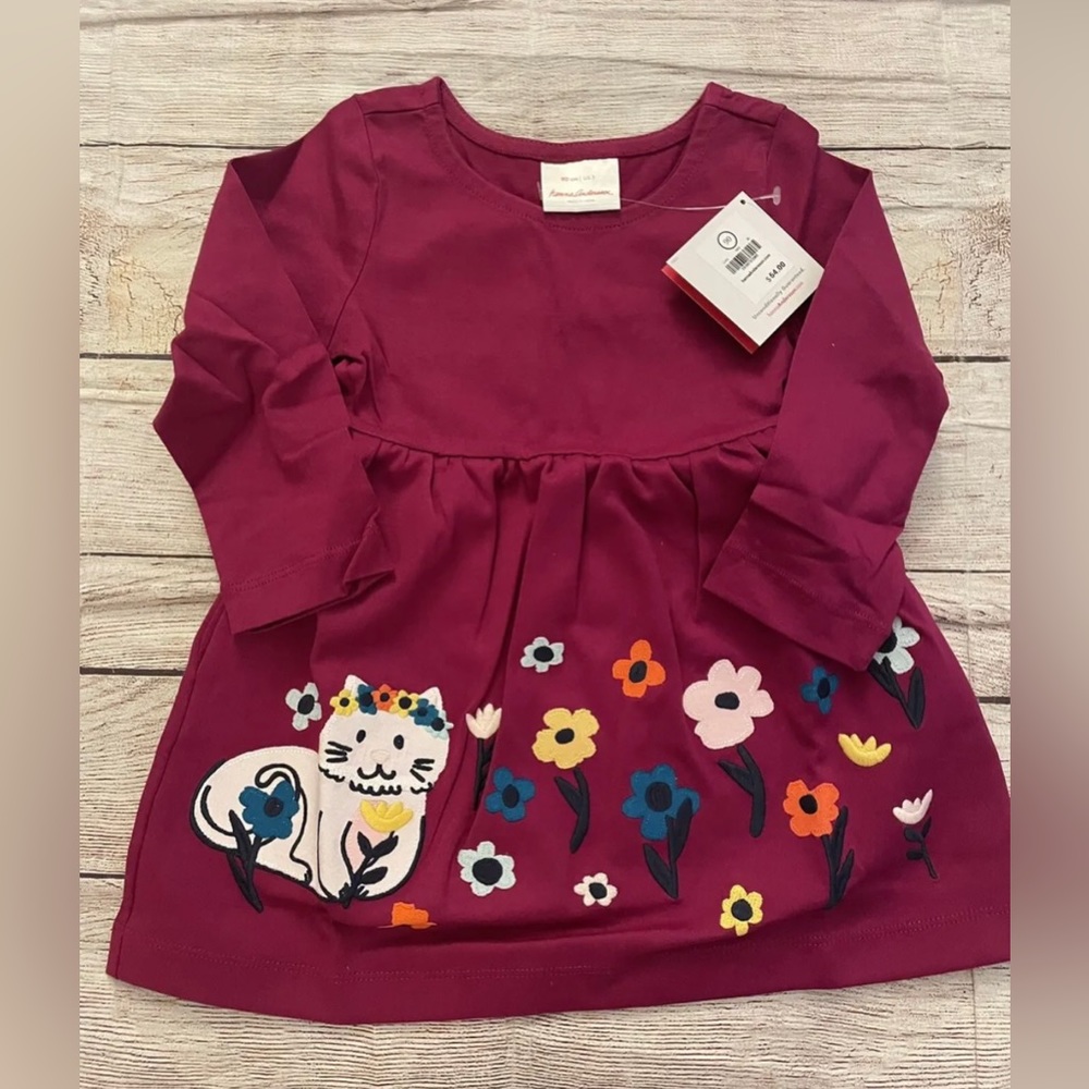 Hanna Andersson Girls Appy Dress Mulberry With Kitten & Flowers Size 90/3 NWT